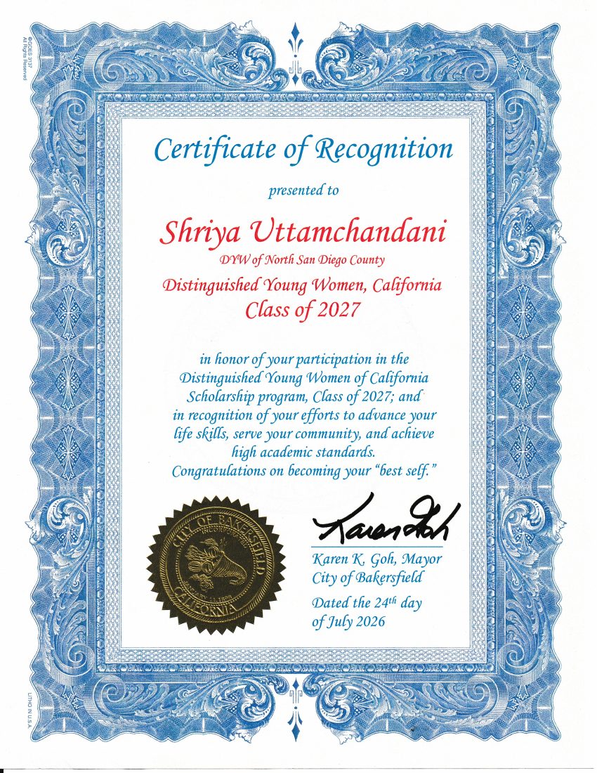 City of Bakersfield certificate recognizing Shriya Uttamchandani for community service and participation in Distinguished Young Women of California