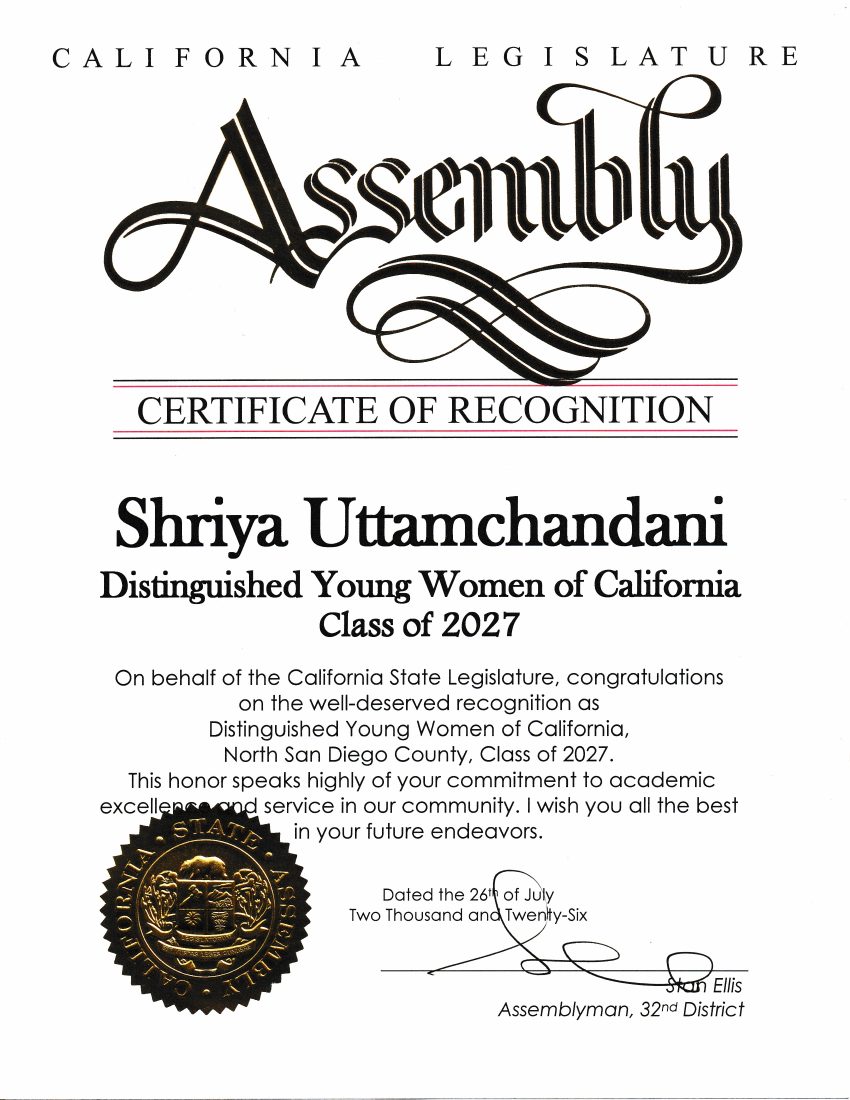 California State Assembly certificate recognizing Shriya Uttamchandani through Distinguished Young Women of California, Class of 2027