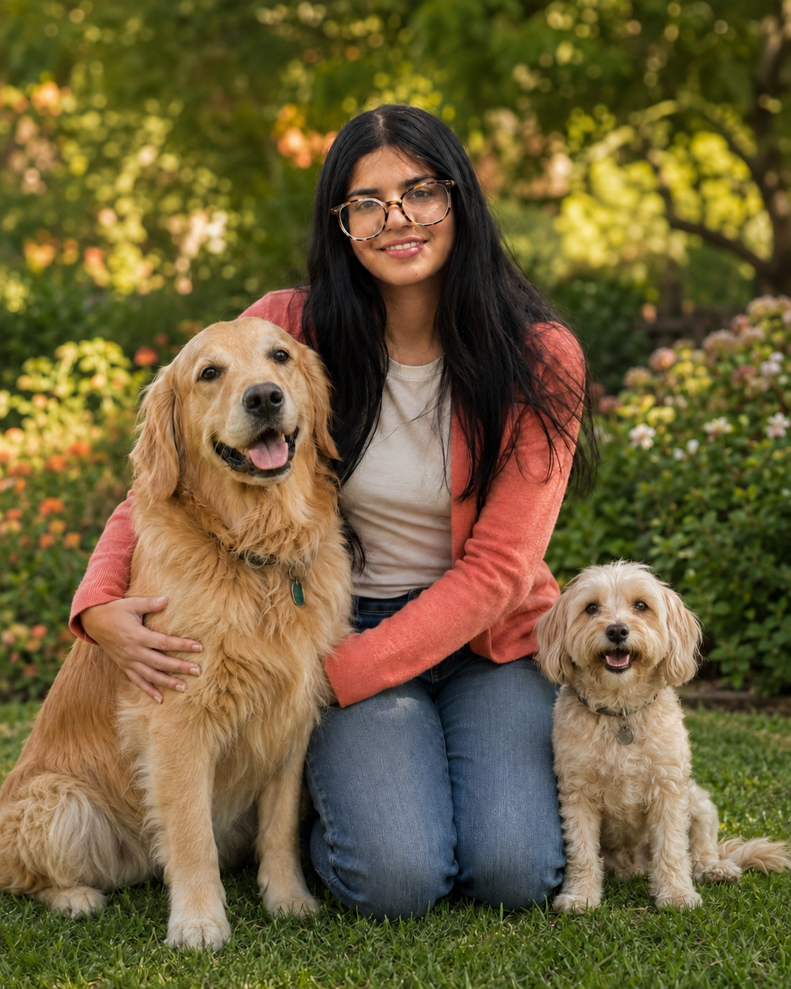 Pawsitive Impact founder Shriya Uttamchandani smiling with a golden retriever in a sunlit garden
