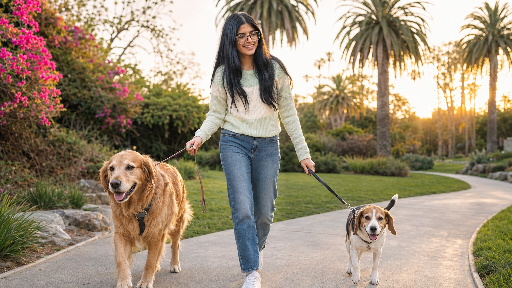 Shriya Uttamchandani enjoying a neighborhood walk with two happy dogs in a sunny San Diego garden